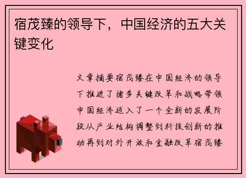 宿茂臻的领导下，中国经济的五大关键变化