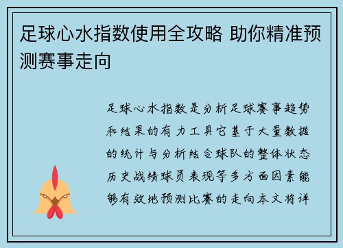 足球心水指数使用全攻略 助你精准预测赛事走向